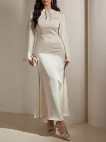 Veilorie Women's Solid Round Neck Long Sleeve Casual Simple Arabian Style Modest Dress - Apricot - View 6