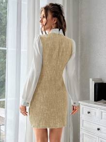 SHEIN Privé Spring & Autumn Elegant Color-Block Tie Collar Dress - Apricot - View 2