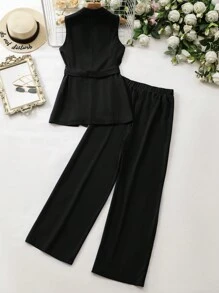 Seusyu Women's Solid Color Lapel Sleeveless Blazer And Pants Suit, Office/Casual 2 Pieces Set - Black - View 2