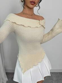 Selianne Women's Fashionable Off Shoulder Asymmetrical Floral 3D Knitted Sweater, Suitable For Holiday Party, Fall Winter - Apricot - View 5
