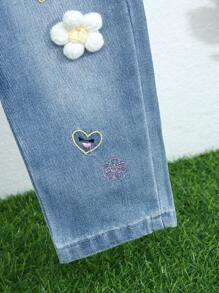 Jean décontracté bleu pour bébé filles avec décoration de fleurs 3D et coupe ample - Jean bleu - Voir 5
