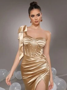 Modphy Nuevo vestido de noche formal largo dorado con un solo hombro, lazo, plisados y abertura alta para mujer - Dorado - Ver 7
