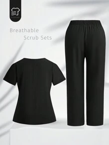 TaskEZ 大码女式纯色 V 领短袖口袋上衣和裤子，休闲护士制服套装，万圣节 - 黑色 - 查看 2