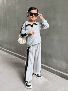 SHEIN Explorewe 2 件套年轻女孩灰色和黑色撞色上衣和裤子，时尚休闲百搭，适合春季、秋季、冬季 - 灰色 - 查看 3