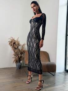 SHEIN Privé Damen elegantes romantisches Minimalismus Partykleid mit quadratischem Ausschnitt, Spitzenärmeln und Bodycon Schnitt