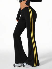 SHEIN EZwear 条纹带侧喇叭裤 - 黑色 - 查看 4