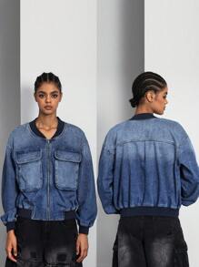 SHEIN ICON Women's Contrast Color Pockets Denim Jacket, Long Sleeve Fall - Dark Wash - View 2