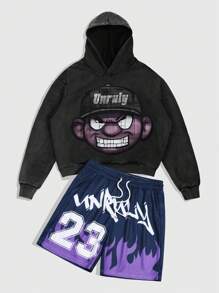 ROMWE MEN Street Life Men's Cartoon Print Hoodie Sweatshirt And Shorts 2pcs Outfit Set - Black - View 1