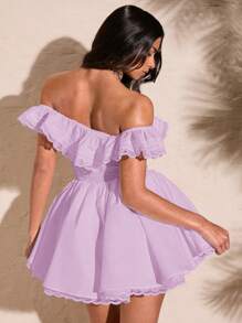 SHEIN BAE Đầm xòe ren hở vai màu trắng gợi cảm ngọt ngào cho nữ mùa hè tay lỡ xếp ly ngực viền ren ngọt ngào - Màu Lilac Tím - Xem 2