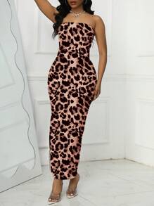 Slaydiva Váy Bandeau họa tiết da báo không cần áo ngực cho nữ, mùa hè - Gỗ đỏ - Xem 5