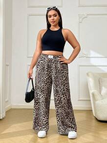 SHEIN EZwear 大码女式时尚豹纹直筒裤 - 彩色 - 查看 4