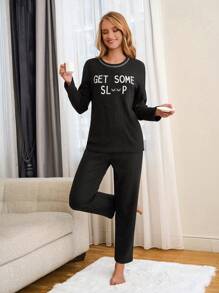 RueChic 100% Cotton 2Pcs  Slogan Printed With Contrast Stitching Detail Lounge Set - Black - View 6