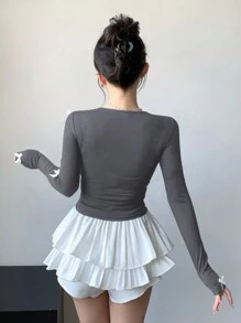 DAZY New Arrival Autumn Bow Decor Slim Fit T-Shirt For Women Long Sleeve Women Tops - Grey - View 2