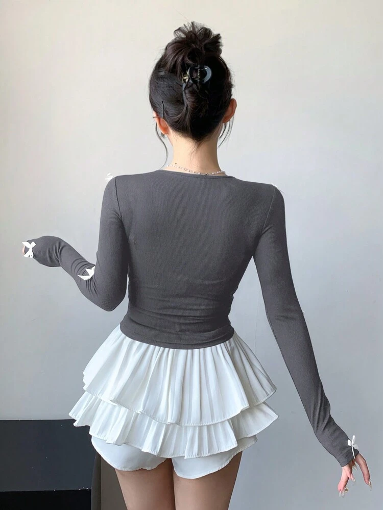 New Arrival Autumn Bow Decor Slim Fit T-Shirt For Women Long Sleeve Women Tops