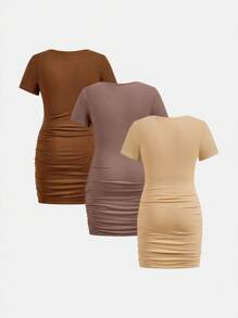 SHEIN 3pcs/Set Tween Girl Solid Color Crew Neck Fitted Casual Short Sleeve Dress Set - Khaki - View 2