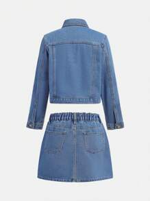 Girls Casual Versatile Denim Jacket And Mini Skirt Set - Medium Wash - View 2