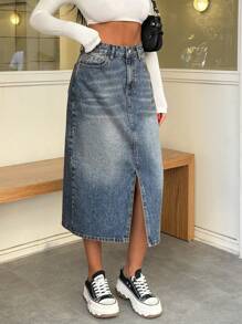 EURMUSE 100% Cotton WOMEN MID WAIST SLASH DETAIL MIDI SKIRT - Medium Wash - View 6