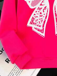 SHEIN Leap Crew 蕾丝蝴蝶结印花，酷炫可爱少女休闲简约长袖圆领厚运动衫，适合秋冬季 - 玫紅色 - 查看 4