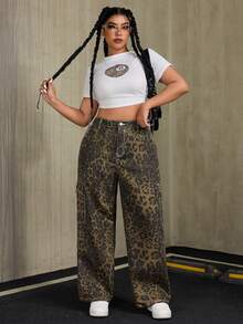 Plus Size Button Front Pocket Leopard Print Denim Jeans, Casual Daily Wear