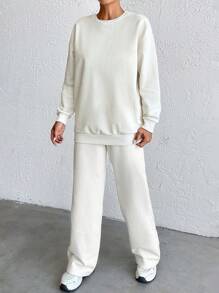 EURMUSE 100% Cotton Casual Comfortable Slogan Printed Drop Shoulder Sleeves Sweatshirt & Sweatpants Set Perfect For Winter And Autumn - White - View 5
