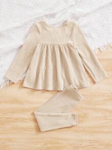 SHEIN 2 件套年轻女孩休闲舒适纯色圆领长袖上衣和长裤套装 - 杏色 - 查看 2