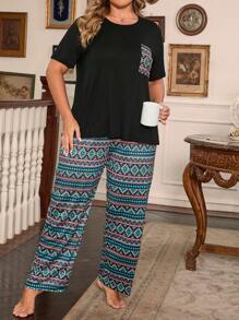 Geometric Print Shorts & Long Pants Pajama Set - Black - View 5