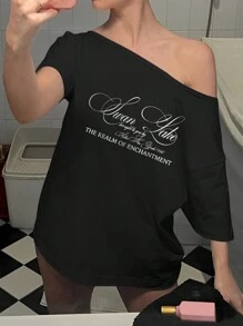 INAWLY 女士夏季标语印花不对称领口短袖休闲 T 恤图案 T 恤女式上衣 - 黑色 - 查看 1