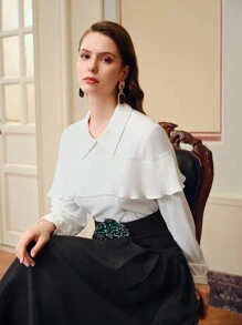 ZEYLAH 褶饰荷叶边纯色衬衫 - 白色 - 查看 4