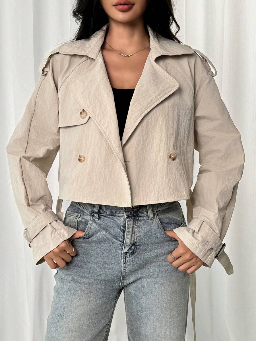 SHEIN EZwear Beige Cropped Belted Hem Trench Coat - Khaki - View 1