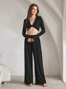 Ocili Leisure Comfortable Double Brushed Milk Silk Fitted Loungewear Top - Black - View 3