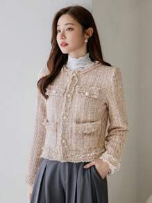 DAZY Women's Plaid Texture Long Sleeve Frayed Hem Jacket,Fall Clothes - Apricot - View 8