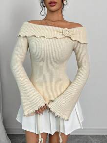 Selianne Women's Fashionable Off Shoulder Asymmetrical Floral 3D Knitted Sweater, Suitable For Holiday Party, Fall Winter - Apricot - View 4