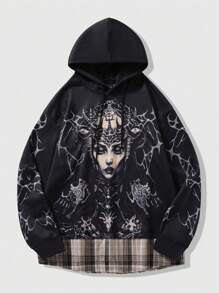 ROMWE MEN Street Life Áo hoodie có mũ trùm đầu in họa tiết thường ngày dành cho nam, Xuân Thu - màu đen - Xem 1