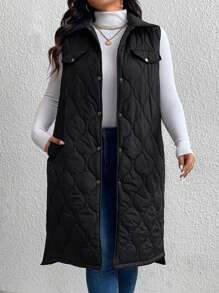SHEIN LUNE Plus Size Women's Solid Color Minimalist Everyday Quilted Vest - Black - View 3