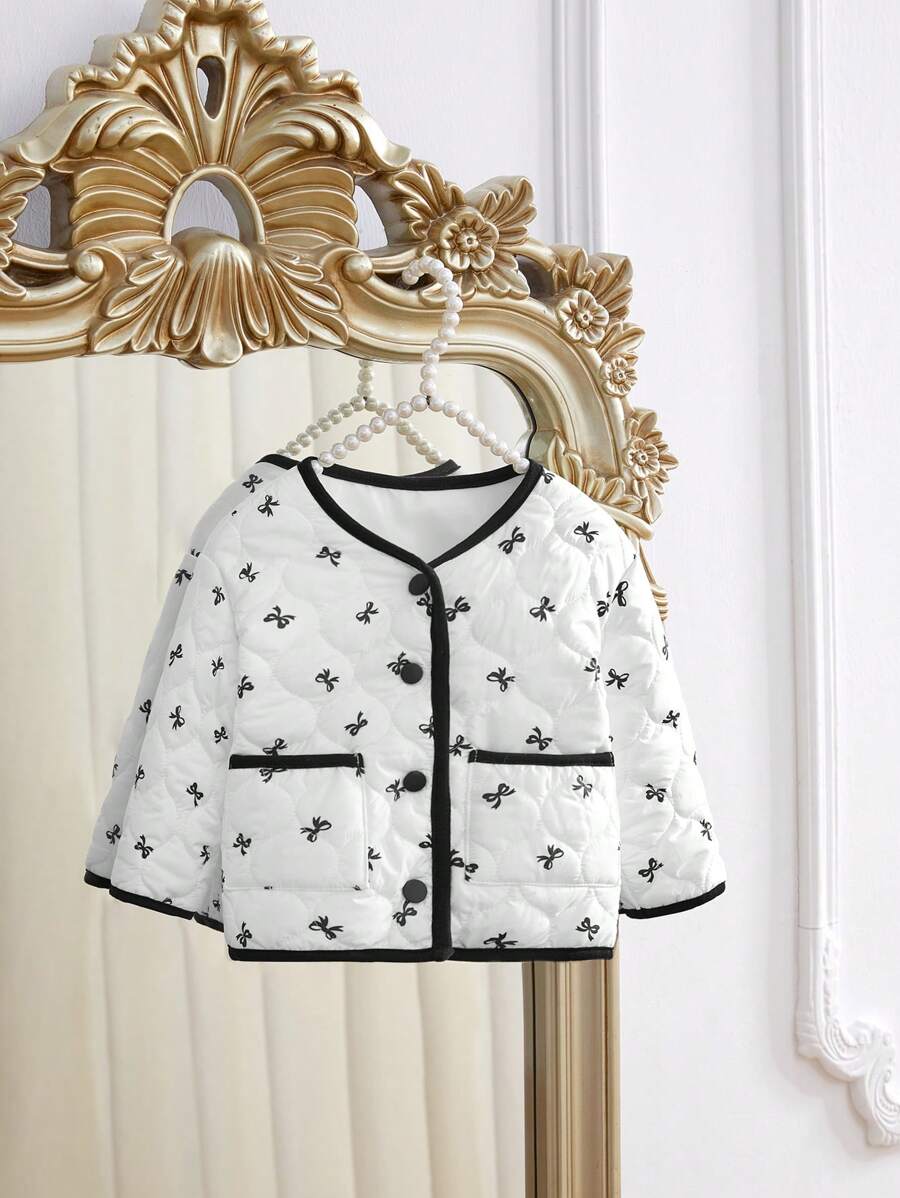 Infant/Toddler Girls Padded Bow Design Jacket For Cold Weather Outings - Black and White - View 1