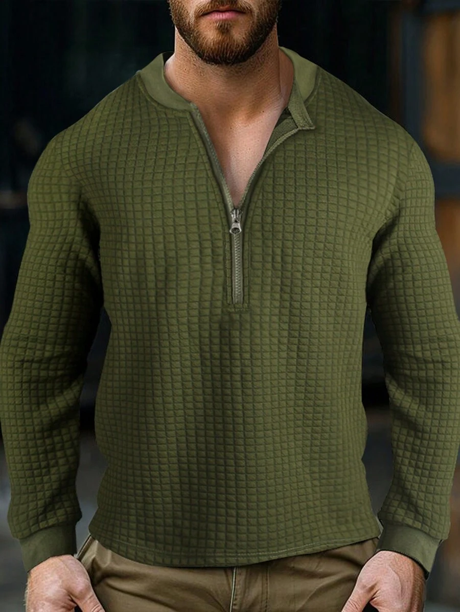 Manfinity Homme Men's Solid Color Zipper Closure Long Sleeve Polo Shirt - Army Green - View 1