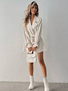 SHEIN Clasi Tie-Up Mid-Length Lapel Trench Coat Fall Cloth For Women - Khaki - View 5