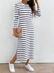 SHEIN LUNE Women's Striped Casual Split Dress Fall Cloth For Women - Black and White - View 1