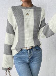 Chiquease 女士撞色圆领针织套头衫，秋冬款 - 灰色 - 查看 4