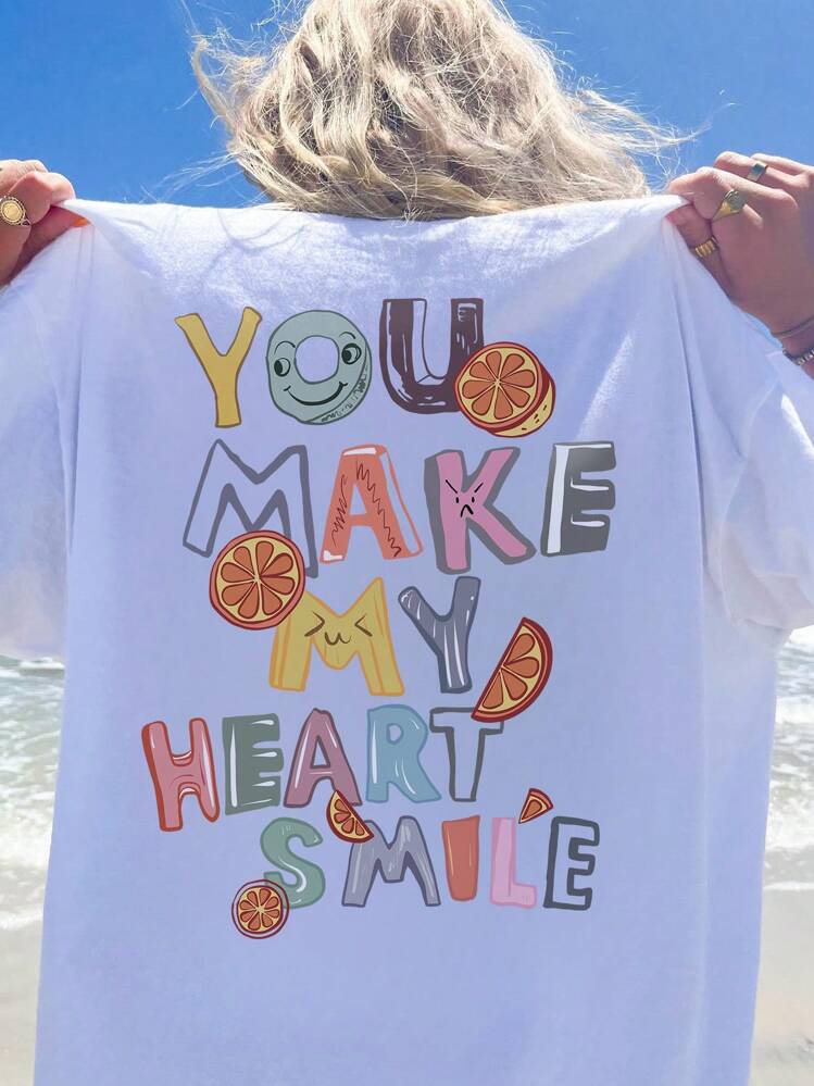 Camiseta de manga corta para mujer de ajuste holgado con estampado gráfico lindo, para primavera/verano - Blanco - Añade 1