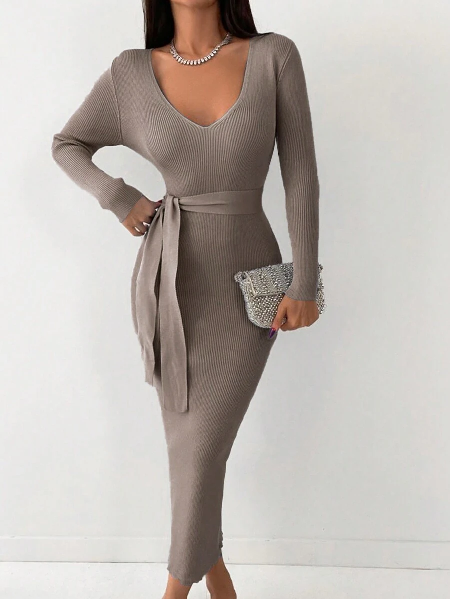 EURMUSE Women`S Elegant Solid Color Slim Fit Sweater Dress, Spring & Autumn - Mocha Brown - View 1