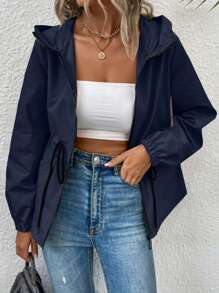 Chiquease Chaqueta casual con capucha, de unicolor, de manga larga y con cordón en la cintura para mujer, primavera y otoño - Azul Marino - Ver 1