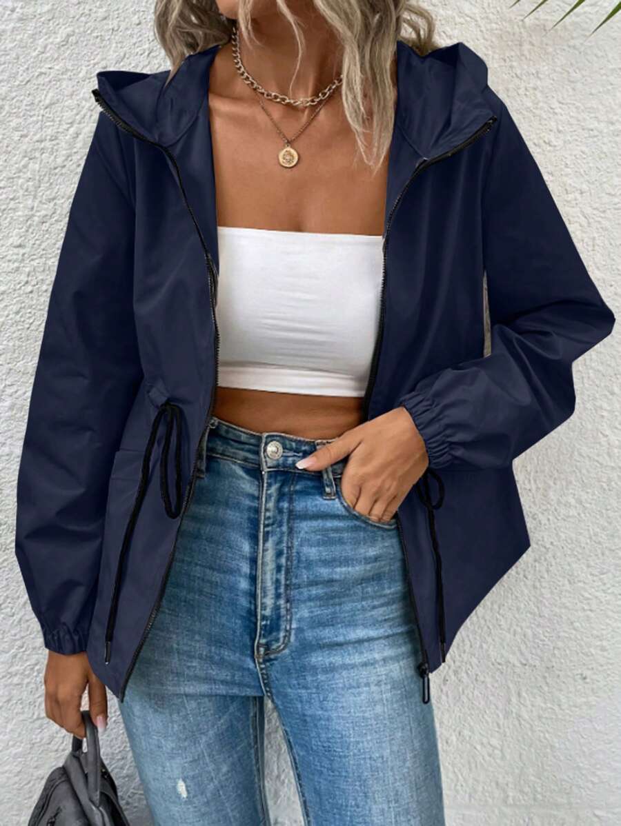 Chiquease Chaqueta casual con capucha, de unicolor, de manga larga y con cordón en la cintura para mujer, primavera y otoño - Azul Marino - Ver 1