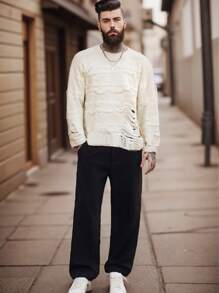 Manfinity Homme 男式纯色做旧圆领长袖毛衣 - 卡其色 - 查看 2