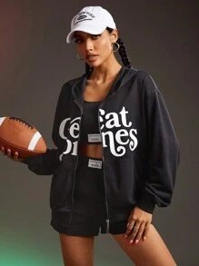 SHEIN Sports Áo khoác thể thao dài tay in chữ màu đen giản dị cho nữ có mũ trùm đầu có khóa kéo - màu đen - Xem 9