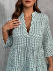 SHEIN LUNE Đầm suông rộng rãi, thường ngày, cổ chữ V, tay áo 3/4, họa tiết kẻ caro cỡ lớn cho nữ mùa hè - Màu xanh Bạc hà - Xem 3