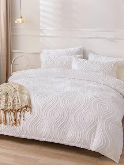 2/3pcs Duvet Cover Set, White Bedding Set, Soft And Warm Bedding, Skin-Friendly Comforter Cover Set, Solid Color Wave Stripe Pattern, Comfortable And Anti-Pilling Bed Set, Comforter Cover And Pillow Case, Quilt Core Not Included, Fits For Twin Full King Queen All Size Beds, Various Sizes Available, Machine Washable, Back To School Season,Fall Decor,Autumn Decor,Room Decor