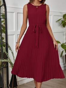 Ellevyn Women's Solid Color Sleeveless  Dress With Pleated Hem - Burgundy - View 4