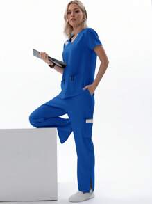 TaskEZ Set de 2 piezas de uniforme de enfermera, blusa de manga corta y pantalones para verano - azul real - Ver 5