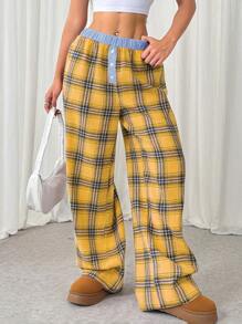 SHEIN EZwear Women's Elastic Waist Loose Fit Plaid Wide Leg Pants